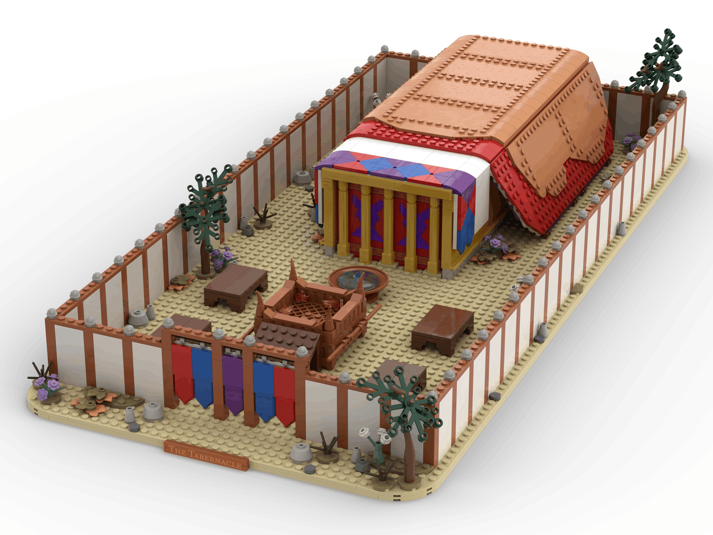 Model of the Wilderness Tabernacle with detailed furniture and decorations on a white background.
