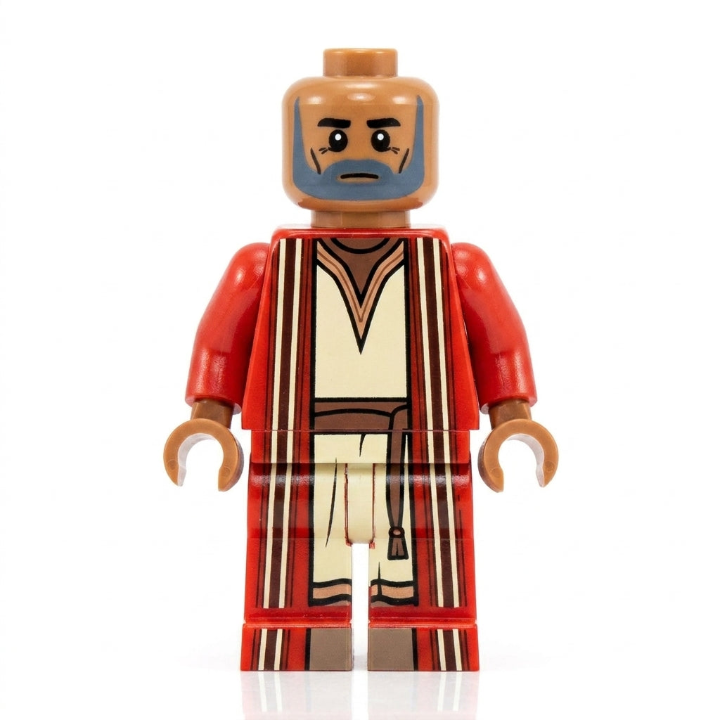 Moses Bible minifigure printed on genuine LEGO-compatible parts, in red robe with bald head