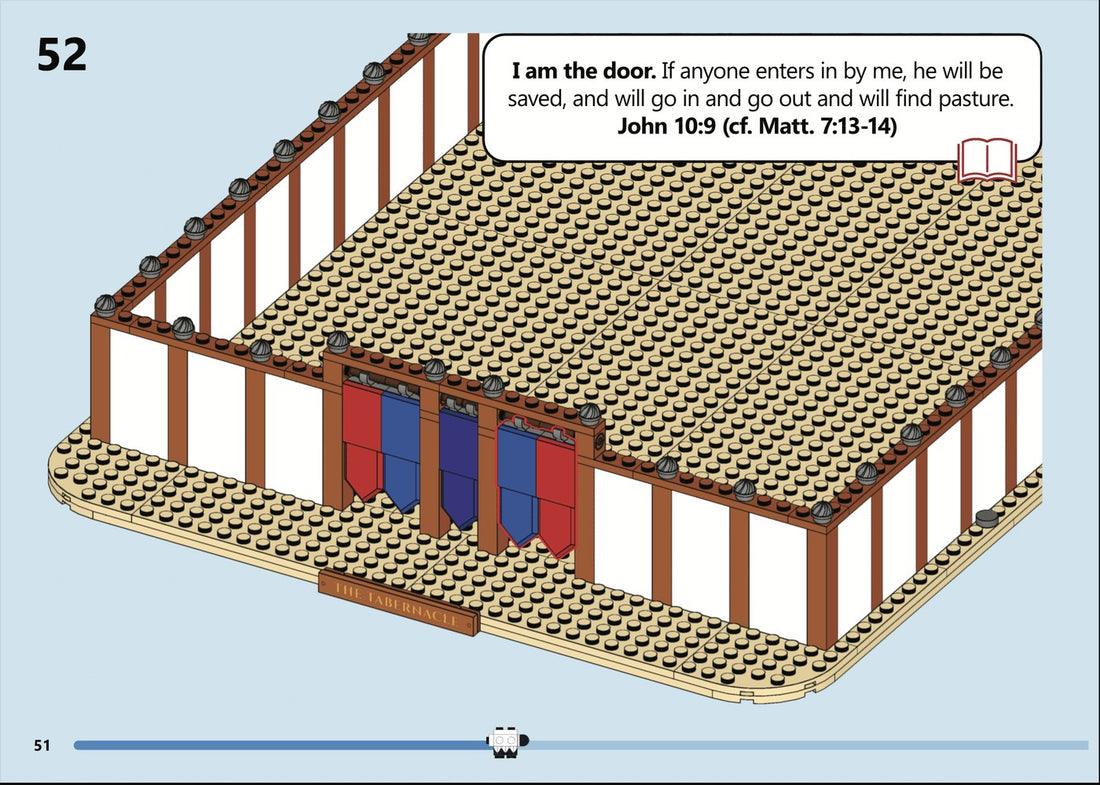 Instruction page with John 10:9 printed beside the gate build