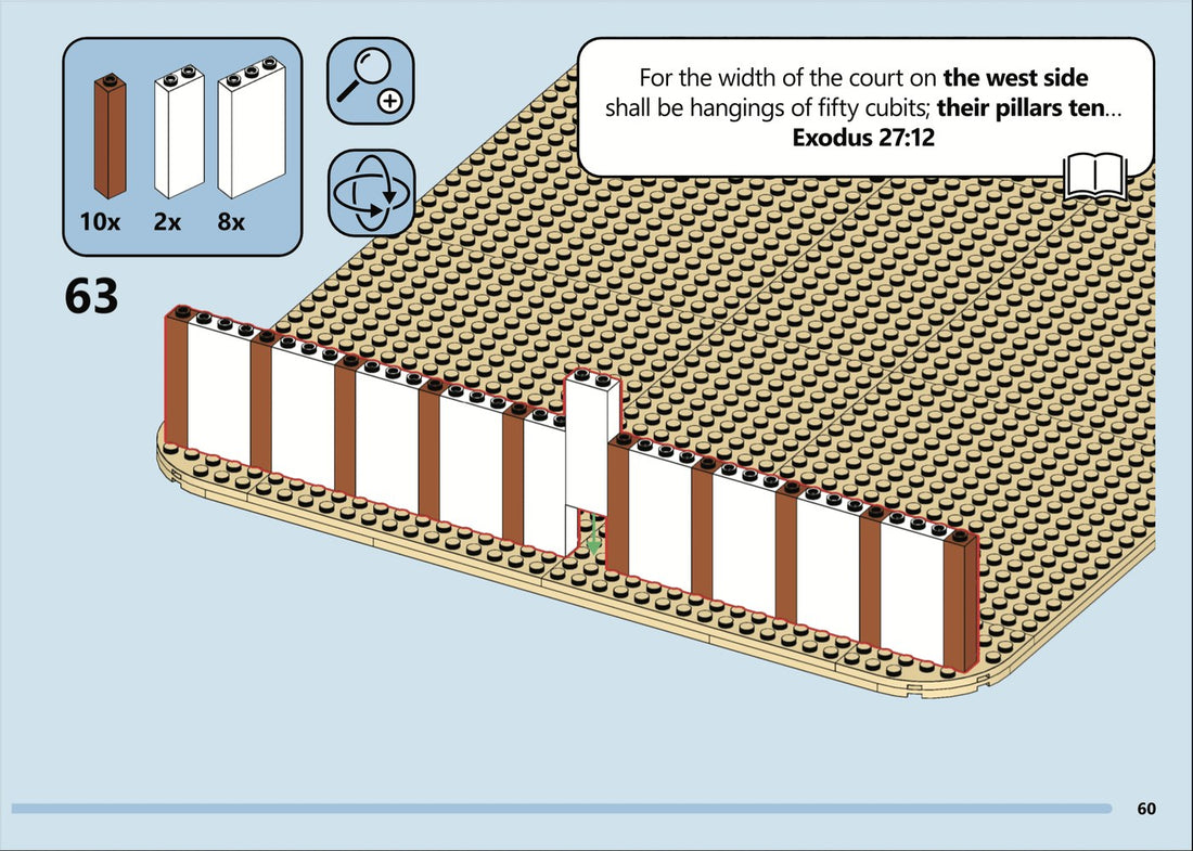 Instruction page with Exodus 27:12 printed beside the courtyard fence build