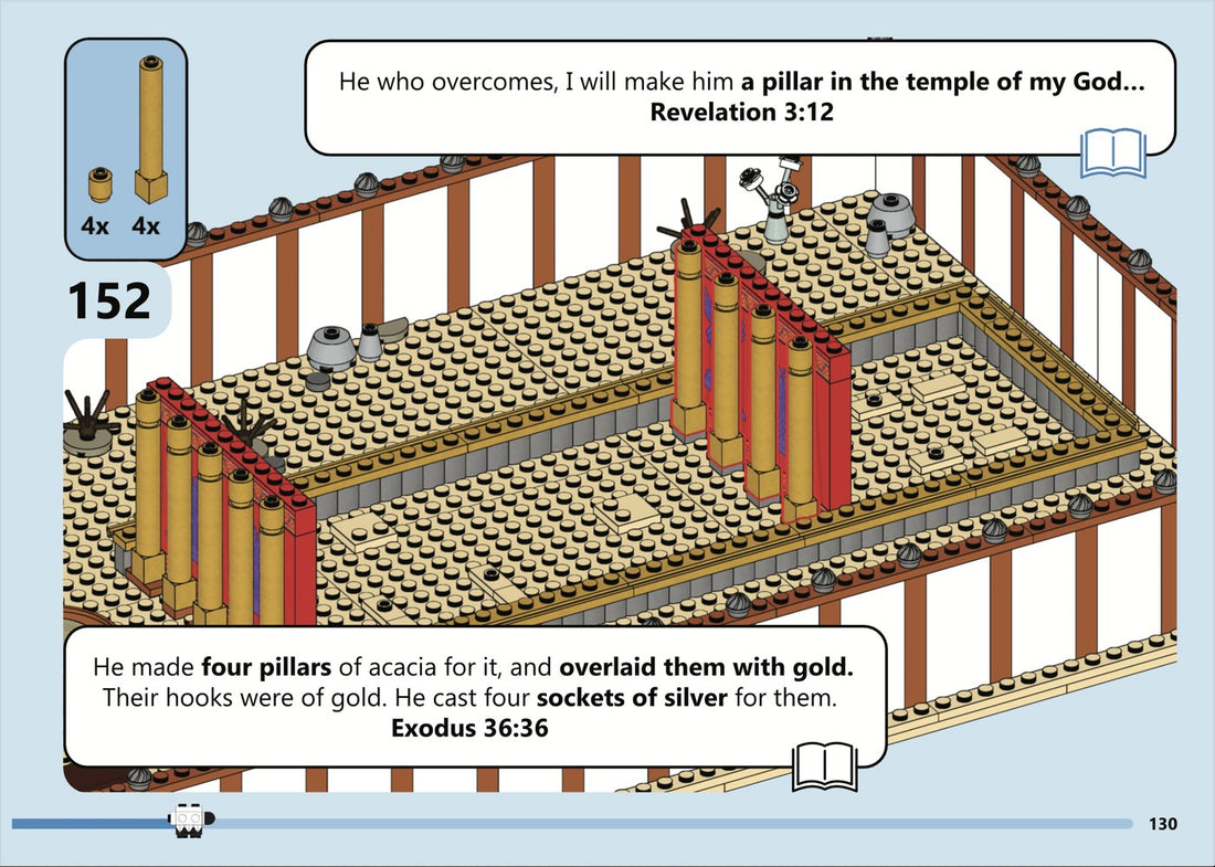 Instruction page with Exodus 36:36 and Revelation 3:12 beside the pillars build