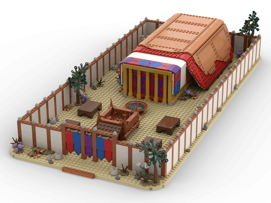 Model of the Wilderness Tabernacle with detailed furniture and decorations on a white background.