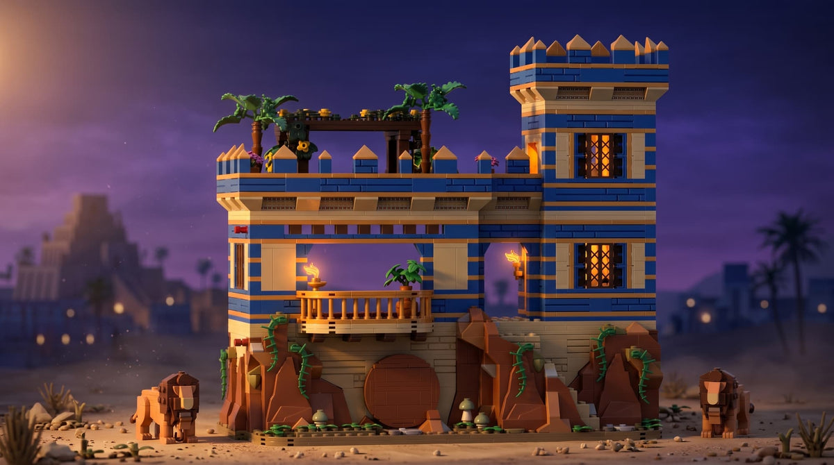 Babylon palace facade at twilight — Daniel set render
