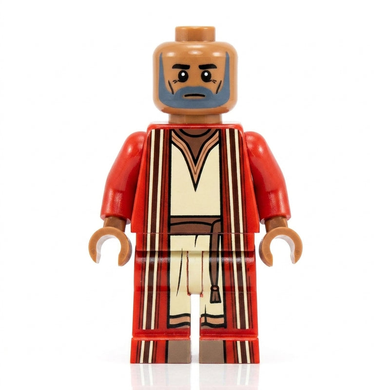 Moses Bible minifigure printed on genuine LEGO-compatible parts, in red robe with bald head
