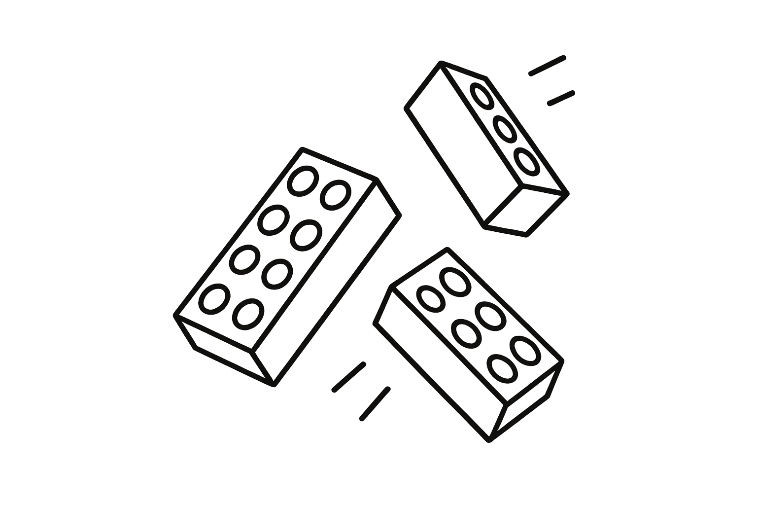 Simple black vector outline of 3 LEGO bricks falling down, transparent background
